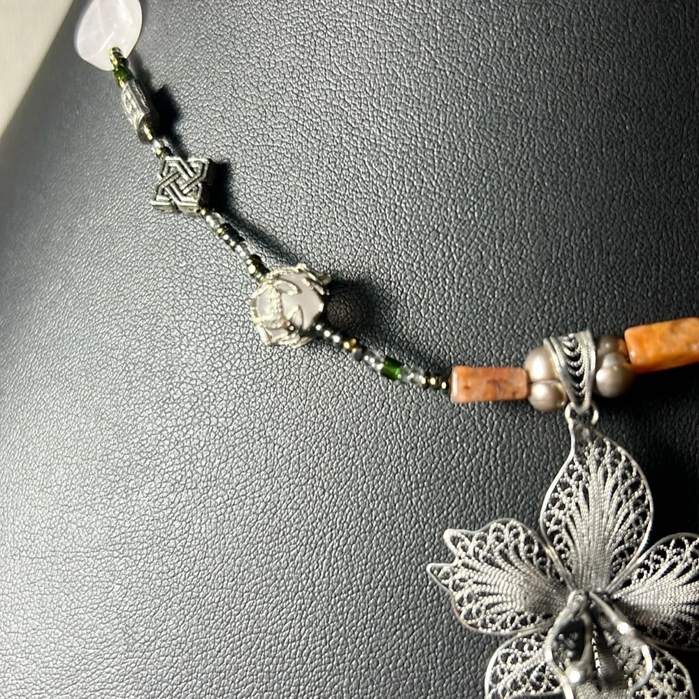 Sterling Silver Floral Pendant Necklace with Green and Orange Beads